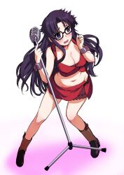 bare_arms black-framed_eyewear black_hair blue_eyes blush boots breasts brown_footwear cleavage commentary commentary_request cosplay crop_top embarrassed female glasses groin hair_intakes hands_up large_breasts legs_apart long_hair meiko_(cosplay) messy_hair microphone midriff miniskirt navel open_mouth parted_bangs photoshop_(medium) read_or_die rectangular_eyewear red_skirt sakaki_imasato shirt skirt sleeveless sleeveless_shirt solo standing vintage_microphone vocaloid wrist_cuffs yomiko_readman