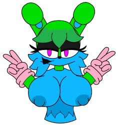 big_breasts blue_fur breasts bunny fennel_(verdosho) furry green_skin looking_at_viewer nipples nude nude_female oc original_character peace_sign pink_gloves verdoshonsfw