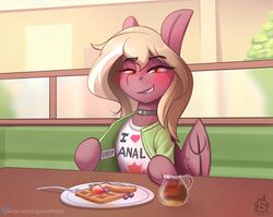 <3 1girls 2020 anal anal_invitation anal_only artist_logo biting_lip blueberry_(not_the_fetish) canada choker clothed collar dated diner english_text female female_only fork hasbro i_love_anal maple_syrup my_little_pony plate pony print_shirt shirt slogan strawberry sugarlesspaints suggestive table text text_on_shirt url waffles wings