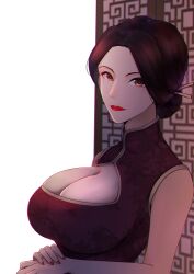 1girls big_breasts brown_eyes brown_hair cheongsam clothed dark_brown_hair dress female female_only jrpuls3 lipstick looking_at_viewer red_dress red_lipstick sfw