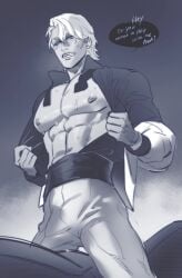 1boy bishonen dante dante_(devil_may_cry) devil_may_cry devil_may_cry_1 english_text formal handsome handsome_man male_only monochrome muscular pecs pectorals pretty_boy solo_male