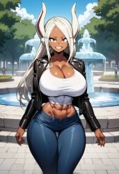 abs ai_generated animal_ears big_breasts boku_no_hero_academia breasts cleavage collarbone dark-skinned_female dark_skin denim denim_bottomwear denim_clothing denim_jeans female kemonogirls large_breasts mirko miruko muscular_female my_hero_academia