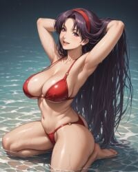 1girls ai_generated arms_behind_head athena_asamiya barefoot beach big_breasts bikini busty cleavage covered_nipples feet female female_only hi_res king_of_fighters kneeling legs looking_at_viewer navel ocean open_mouth pose posing purple_eyes purple_hair red_bikini sensual sexy_armpits snk thighs thong_bikini water wet