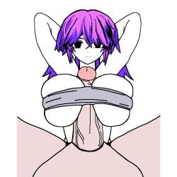 1boy 1girls animated animated_gif arms_behind_back bra breasts empty_eyes handsfree_paizuri looking_at_viewer paizuri paizuri_under_clothes purple_hair sewerslvt slut titjob traced transparent_background white_skin zonen404