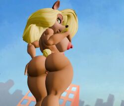 anthro big_ass big_breasts crash_bandicoot_(series) giantess green_eyes hand_on_breast hand_on_hip looking_down_at_viewer nude open_mouth pussy tawna_bandicoot