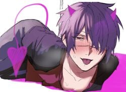 4694tyu_okashi arms_behind_back blush breath class_3-z demon_boy demon_horns demon_tail eye_patch fully_clothed gakuran gintama hair_over_one_eye heart-shaped_pupils incubus looking_at_viewer male male_only official_alternate_costume purple_hair restrained school_uniform schoolboy shirokuji smile solo takasugi_shinsuke tongue_out twink