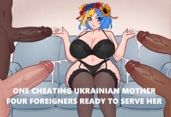 1girl 1girls 4boys 4males ai_generated big_breasts black_lingerie cheater cheating dark-skinned_male dark_skin gangbang light-skinned_female light-skinned_male light_skin lingerie married mother russianslut1 sexy ukraine ukrainian ukrainian_chan ukrainian_girl