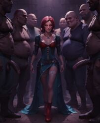 1girls ai_generated arrogant big_penis boots dress fat_male fat_man imminent_gangbang imminent_sex multiple_boys multiple_males panties penis ragen ragen_nsfw reluctant submissive submissive_female surrounded the_witcher the_witcher_(series) the_witcher_3:_wild_hunt triss_merigold