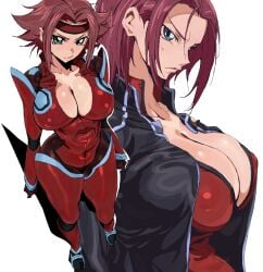 1girls ass big_breasts big_breasts big_breasts blue_eyes bodysuit coat code_geass covered_nipples headband huge_ass huge_boobs huge_breasts kallen_stadtfeld plugsuit red_bodysuit red_hair short_hair solo solo_focus thick_thighs white_background whoopsatro wide_hips