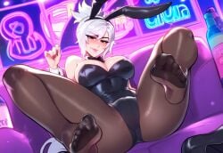 1girls ai_generated battle_bunny_riven blush breasts bunny_ears bunny_girl bunnysuit commission feet feet_focus feet_up female high_heels_removed league_of_legends looking_at_viewer nightclub pantyhose pantyhose_feet presenting presenting_feet riot_games riven soles solo solo_female spread_legs white_hair