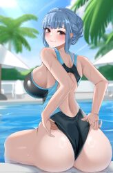 1girls alternate_costume ass black_one-piece_swimsuit black_swimsuit blue_hair brown_eyes female female_only fire_emblem fire_emblem:_three_houses large_ass large_breasts light-skinned_female light_skin looking_at_viewer looking_back marianne_von_edmund nintendo one-piece_swimsuit sideboob solo swimsuit yobi_(ybpac18)