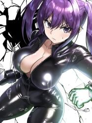 big_breasts black_bodysuit black_gloves blush bodysuit breasts cleavage closed_mouth collarbone ebora glass_shards glass_shatter gloves kouzaku_mitori long_hair open_clothes partially_unzipped purple_eyes purple_hair serious shiny_clothes sweatdrop thighs to_aru_kagaku_no_railgun to_aru_majutsu_no_index twintails zipper_pull_tab