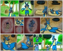 2015 anthro anus ass belly birth black_fur blue_fur blue_hair breasts canine clothed clothing comic dialogue duo english_text female fur hair hand_on_belly human jackal labor livinlovindude lucario male mammal nintendo nude open_mouth pokemon pokemon_(species) pregnant pussy raised_tail red_eyes riolu scarf size_difference sleeping spread_legs spreading text tongue tongue_out transformation video_games wet yellow_fur