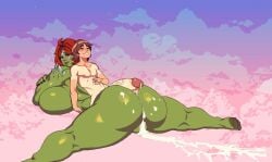 after_sex ass blush butt_job cloud_meadow cum cum_on_ass female_orc kreyton larger_female looking_pleasured rear_view screenshot spread_legs tagme