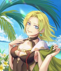 1girls absurdres alternate_costume blonde_hair blue_eyes breasts brown_one-piece_swimsuit brown_swimsuit cape cleavage commission earrings female female female_only fire_emblem fire_emblem:_the_sacred_stones fire_emblem_heroes green_cape highres jewelry medium_breasts nintendo ocean official_alternate_costume one-piece_swimsuit outdoors palm_tree pixiv_commission selena_(fire_emblem:_the_sacred_stones) selena_(summer)_(fire_emblem:_the_sacred_stones) short_hair smile solo swimsuit tree upper_body ursla99