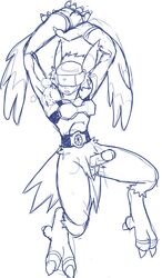 1boy anthro armor balls belt big_paws blush claws digimon erection fangs feathers hair headgear helmet humanoid_penis long_ears male male_only mesozoid monochrome obstructed_eyes panting penis plain_background silphymon sketch solo toe_claws visor wings