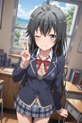 ai_generated baron_red black_hair blue_eyes female highres my_teen_romantic_comedy_snafu peace_sign school school_uniform yukinoshita_yukino