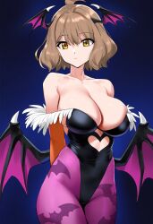 ai_generated anis_(nikke) breasts brown_eyes brown_hair capcom cleavage cosplay covered_navel darkstalkers female goddess_of_victory:_nikke huge_breasts large_breasts morrigan_aensland_(cosplay) short_hair skimpy_clothes skin_tight solo tagme wings