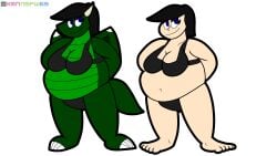 belle_(kenmazu95) belly belly_button big_belly big_breasts big_breasts big_tummy bikini blue_eyes breasts breasts chubby chubby_belly chubby_female dragon dragon_girl fat green_body green_dragon human human_female human_version humanized kenmazu95 light-skinned_female overweight overweight_female scalie swimwear swimwear_only tummy two_versions