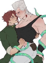 2boys blush clothed earrings gay green_tentacles hand_on_back hand_on_pecs hierophant_green jean_pierre_polnareff jojo's_bizarre_adventure male/male male_only muscular_male noriaki_kakyoin pecs red_hair silver_hair sitting_on_lap stand_(jjba) stardust_crusaders sweatdrop tentacle なん