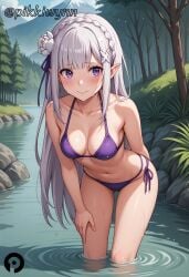 ai_generated bangs bare_shoulders bikini blunt_bangs blush braid breasts cleavage closed_mouth collarbone crown_braid day emilia_(re:zero) female flower grey_hair hair_flower hair_ornament hair_ribbon halterneck leaning_forward long_hair looking_at_viewer medium_breasts navel outdoors pikkiwynn pointy_ears pond purple_bikini purple_eyes purple_ribbon re:zero_kara_hajimeru_isekai_seikatsu ribbon rock side-tie_bikini_bottom sidelocks sky smile solo standing stomach swimsuit thighs tree very_long_hair wading water wet white_flower white_hair x_hair_ornament