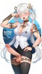 1futa ahe_gao ai_generated cum dickgirl ejaculation futanari jinhsi_(wuthering_waves) pencil_skirt penis slitless_pencil_skirt tattoo testicles tight_pencil_skirt twintails white_shirt wuthering_waves yuuki_snow