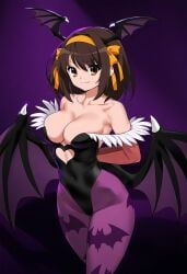 ai_generated breasts brown_eyes brown_hair capcom cleavage cosplay darkstalkers female large_breasts morrigan_aensland_(cosplay) skimpy_clothes skin_tight smile solo suzumiya_haruhi suzumiya_haruhi suzumiya_haruhi_no_yuuutsu suzumiya_haruhi_no_yuuutsu tagme wings