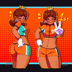 1girls artist_name ass big_ass blue_eyes breasts brown_hair closed_eyes daisy's_hot_stuff_(trend) dark-skinned_female dark_skin fat_ass female female_only gloves hand_on_hip happy highres large_breasts legs licking_lips looking_at_viewer looking_back mario_(series) mario_strikers midriff multiple_views navel nintendo one_eye_closed open_mouth orange_shorts pose posing princess_daisy sensual short_hair shorts sideboob smile soccer soccer_uniform solo sportswear thighs tongue tongue_out v wink