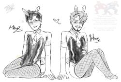 2boys 2male arm_hair armpit_hair black_hair blush bulge bulge_through_clothing bunny_boy bunny_ears bunny_tail bunnysuit date_everything facial_hair fishnet_stockings fishnets grayscale hank_2_(date_everything) hank_3_(date_everything) happy_expression heart male_only self_upload shiny_clothes signature sketch tie uncolored