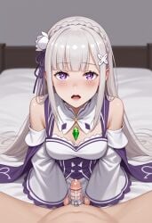 1boy 1girls ai_generated chastity chastity_cage chastity_device cum cum_in_chastity disappointed dominant_female emilia_(re:zero) female female_domination femdom humiliation male malesub obedience pathetic_male punishment