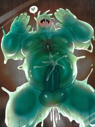 1boy after_anal after_sex against_glass bara big_belly colored_skin completely_nude cum cumdrip doug_(monster_prom) fat fat_man from_below girthy_penis green_skin hand_on_glass highres huge_pectorals implied_yaoi large_testicles male_focus monster_boy monster_prom nude object_through_head pectoral_press pectorals pectorals_on_glass penis see-through slime_boy sword_in_head testicles toragoru torogao uncensored