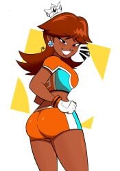 1girls ass big_breasts blue_eyes breasts brown_hair busty daisy's_hot_stuff_(trend) dark-skinned_female dark_skin female female_only gloves grin hand_on_hip highres large_breasts legs looking_at_viewer looking_back mario_(series) mario_strikers midriff nintendo open_mouth orange_shorts pose posing princess_daisy red_lips seductive_smile short_hair shorts sideboob smile soccer soccer_uniform solo sportswear thighs