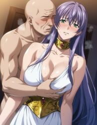 ai_generated athena_(saint_seiya) bald_man blush completely_nude_male dress dryticket_ai embarrassed faceless_male grabbing_breasts green_eyes hi_res huge_breasts light-skinned_male long_hair nervous older_male purple_hair saint_seiya:_the_lost_canvas sasha_(saint_seiya) sweat sweatdrop uncomfortable younger_female