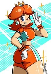 1girls artist_name ass big_ass blue_eyes breasts brown_hair daisy&#039;s_hot_stuff_(trend) fat_ass female female_only gloves grin hand_on_hip hand_on_own_hip highres large_breasts legs looking_at_viewer looking_back mario_(series) mario_strikers midriff nintendo open_mouth orange_shorts pose posing princess_daisy sensual short_hair shorts sideboob smile soccer soccer_uniform solo sportswear thighs v wink