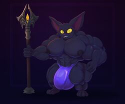 anthro balls big_balls big_muscles big_penis black_body black_fur clothed clothing frown fur genitals hair hi_res huge_balls huge_cock huge_muscles hyper hyper_balls hyper_genitalia hyper_muscles hyper_penis league_of_legends looking_at_viewer male mammal muscular nipples penis riot_games scowl short_stack simple_background solo speedo speedo_only staff swimwear tencent topless veigar vezerem yellow_eyes yordle