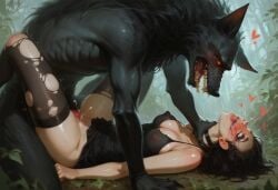 1girls ai_generated anthro anthro_on_female anthro_penetrating black_hair bottomless choking cum cum_inside eyes_rolling_back female heart lying lying_on_back missionary missionary_position monster neck_grab nipples_visible_through_clothing rough_sex sex short_hair spread_legs torn_clothes vaginal_penetration werewolf