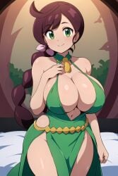 1girls aged_up ahoge ai_generated belly belly_button big_breasts braid braided_hair breasts chloe_(pokemon) cleavage collarbone dress female game_freak green_dress green_eyes large_breasts light-skinned_female long_hair looking_at_viewer navel ninntendo pokemon pokemon_journeys revealing_clothes ryuzam single_braid solo
