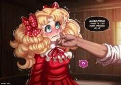 accelart blonde_hair blush candice_white candy_candy chin_hold clothed female flustered holding_chin red_dress spanish_dialogue spanish_text tagme