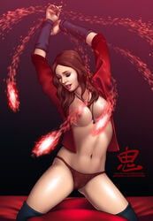 1girls avengers belly breasts brown_hair cameltoe closed_eyes eyeshadow female female_only human jacket lipstick long_hair magic marvel marvel_comics mutant_(marvel) necklace nipples oni_(artist) open_clothes open_jacket panties red_jacket red_panties scarlet_witch solo stockings wanda_maximoff x-men