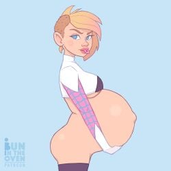 1girls areola_slip areolae ass asymmetrical_hair belly big_ass big_belly big_breasts blonde_hair bottomless breasts bunintheoven female female_only gwen_stacy marvel marvel_comics outie_navel pregnant solo solo_female spider-gwen spider-man_(series) thighhighs tongue tongue_out tongue_piercing underboob