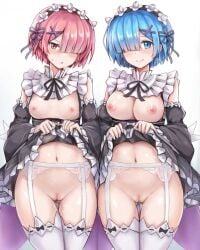 2girls angry blue_eyes blue_hair blush bottomless breasts_out dress_pull female_focus garter_straps hair_over_one_eye large_breasts maid maid_headdress maid_uniform no_panties pink_eyes pink_hair presenting r-binon ram_(re:zero) re:zero_kara_hajimeru_isekai_seikatsu rem_(re:zero) sisters skirt_lift small_breasts smile thigh_highs twins