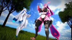 3d_(artwork) ambiguous_gender anthro beverage_can bra breasts clothing cryowolf9 digital_media_(artwork) duo grass gun handgun hi_res legwear lovander_(mayosplash) lunaris_(pal) pal_(species) palworld pink_body pink_skin plant pocketpair ranged_weapon revolver source_filmmaker_(artwork) tactical_gear thigh_highs thong tree underwear weapon