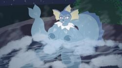 areola background big_breasts blue_nipples eeveelution hot_spring pink_eyes pokemon pokemon_(species) protogensixty pussy steam tail vaporeon water wet