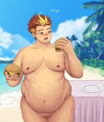 1boy balls beach belly bhm big_belly blush burger camp_buddy eating fat food male male_only moobs noxechoes overweight overweight_male penis red_hair solo solo_male sweat taiga_akatora yellow_hair