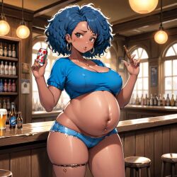 ai_generated bar_scene beer blue_hair cigar dark-skinned_female dark_skin hoop_earrings pregnant shorts