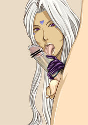 1boy ayumu_rei big_breasts breasts censored condom dark_skin facial_mark female forehead_mark gloves goddess handjob licking looking_at_viewer oh_my_goddess! open_mouth oral_sex penis pubic_hair purple_eyes solo_focus testicles tongue_out urd white_hair