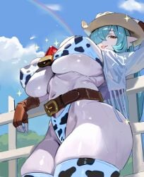 big_ass big_breasts bikini cow_girl cow_print curvy daytime gardevoir generation_3_pokemon hintobento humanoid not_furry pokemon pokemon_(species) rainbow shiny_pokemon