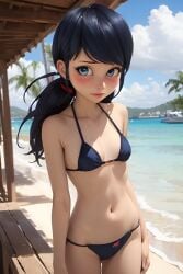 1girls ai_generated beach black_bikini black_hair female female_only marinette_cheng marinette_dupain-cheng miraculous_ladybug shy tagme