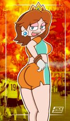 1girls artist_name ass big_ass blue_eyes breasts brown_hair daisy&#039;s_hot_stuff_(trend) fat_ass female female_only gloves hand_on_hip highres legs looking_at_viewer looking_back mario_(series) mario_strikers midriff nintendo open_mouth orange_shorts pose posing princess princess_daisy sensual short_hair shorts sideboob smile soccer soccer_uniform solo sportswear thighs