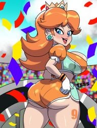 ass big_ass big_breasts big_butt blue_eyes breasts brown_hair bubble_ass bubble_butt canonical_scene crown daisy's_hot_stuff_(trend) eyelashes fat_ass fat_butt female female_only flower_earrings large_ass large_butt light-skinned_female light_skin lipstick looking_at_viewer looking_back mario_(series) mario_strikers nintendo orange_shorts pantylines princess_daisy short_hair sports_outfit sports_uniform sportswear super_mario_bros. thick_ass thick_thighs underass underbutt wallyroo wide_hips